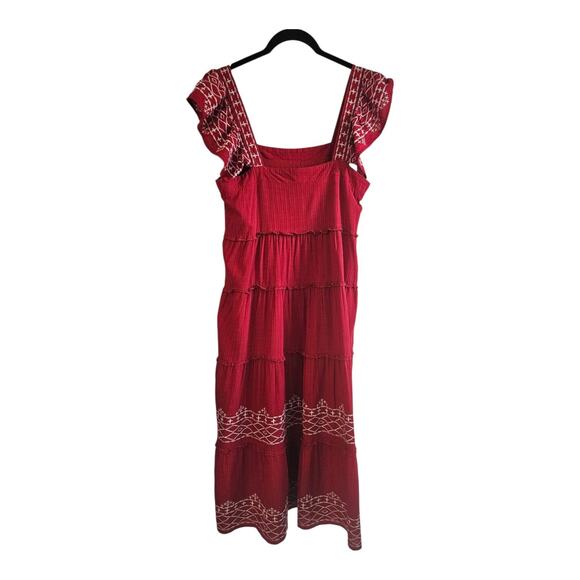 Knox Rose Dress Embroidered Tiered Ruffle Sleeve Dress Boho Red Pockets Size M - Picture 2 of 9